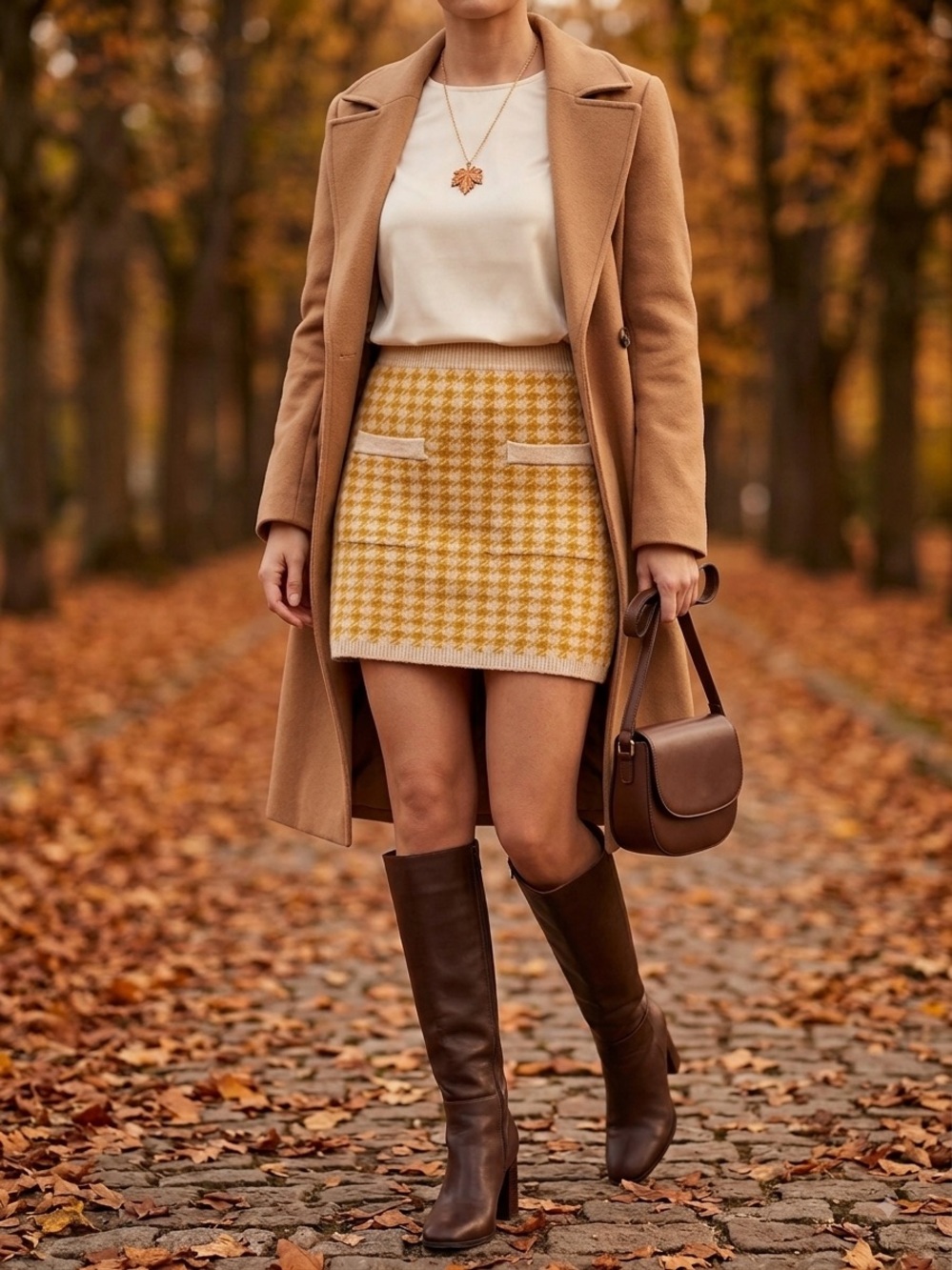 FP Movement by Free People Mustard and Cream Houndstooth Knit Mini Skirt Size S